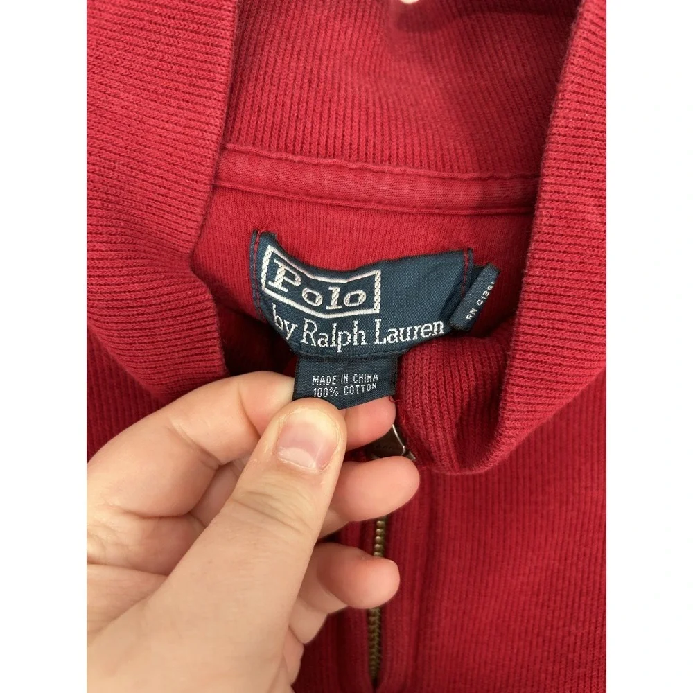 Polo‎ Ralph Lauren Sweater Leather Tab Quarter 1/4 Zip Pullover Red Knit Mens L